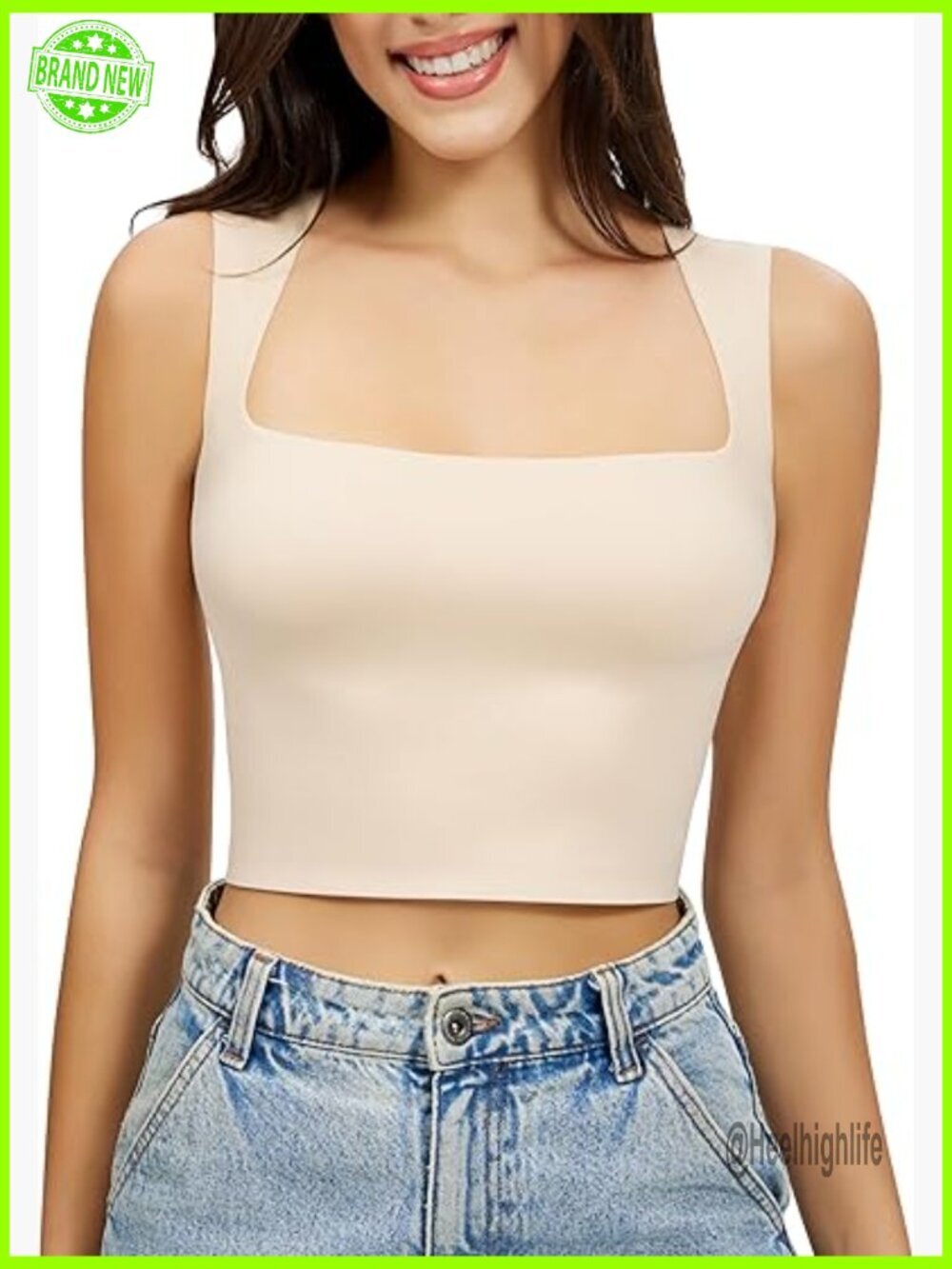 Seamless Square Neck Crop Tank Top Double Lined Air Touch Fabric Slim Fit